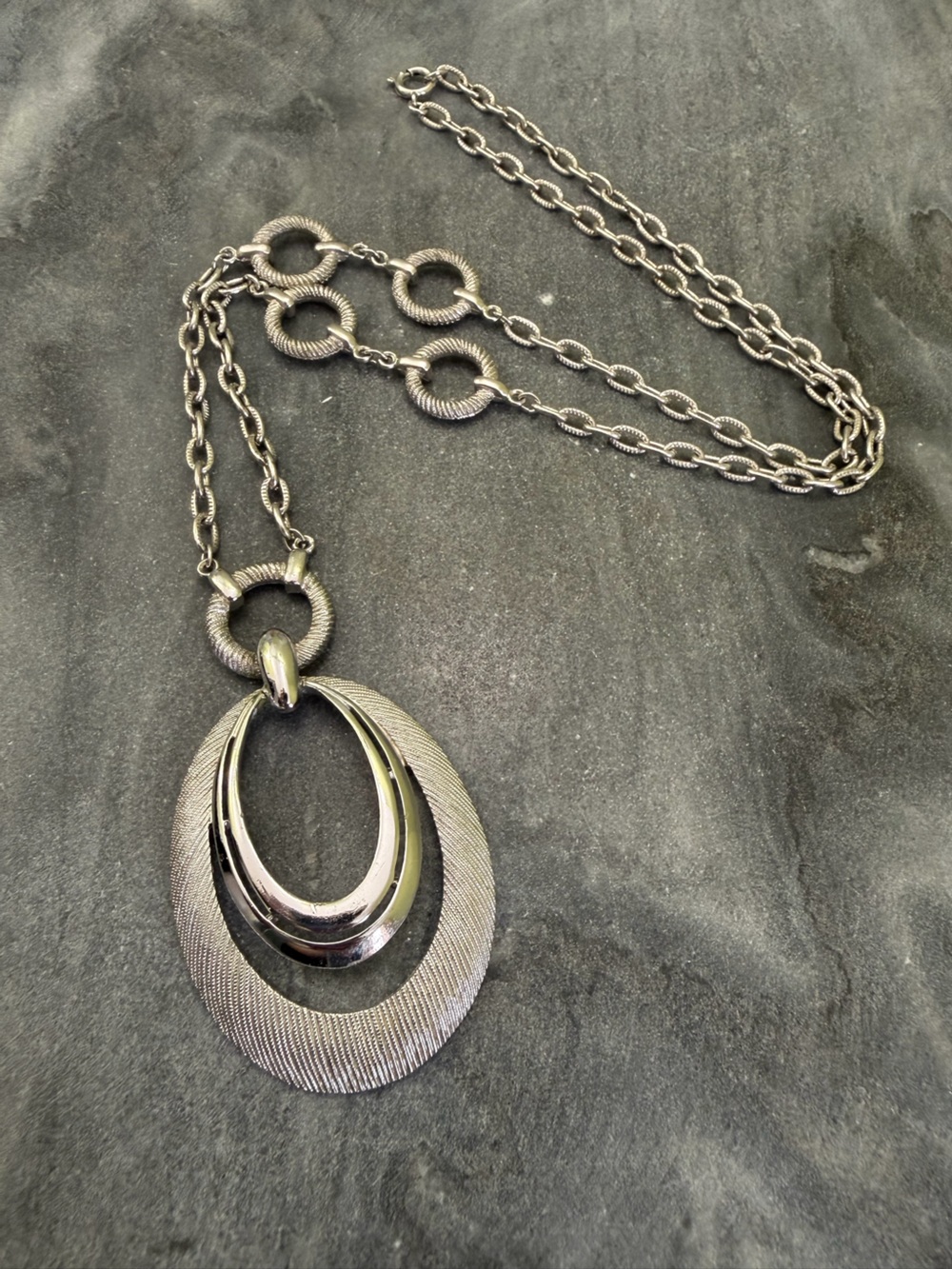 Vintage Trifari Silver Modernist Pendant Drop Chain Necklace